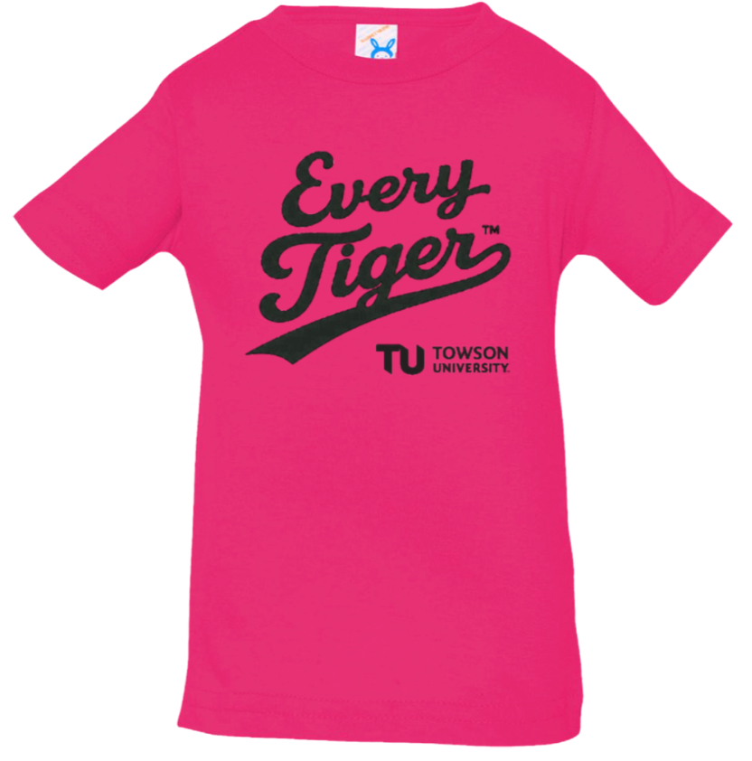 Bright pink T-shirt with “Every Tiger” and Towson University logo printed on the front