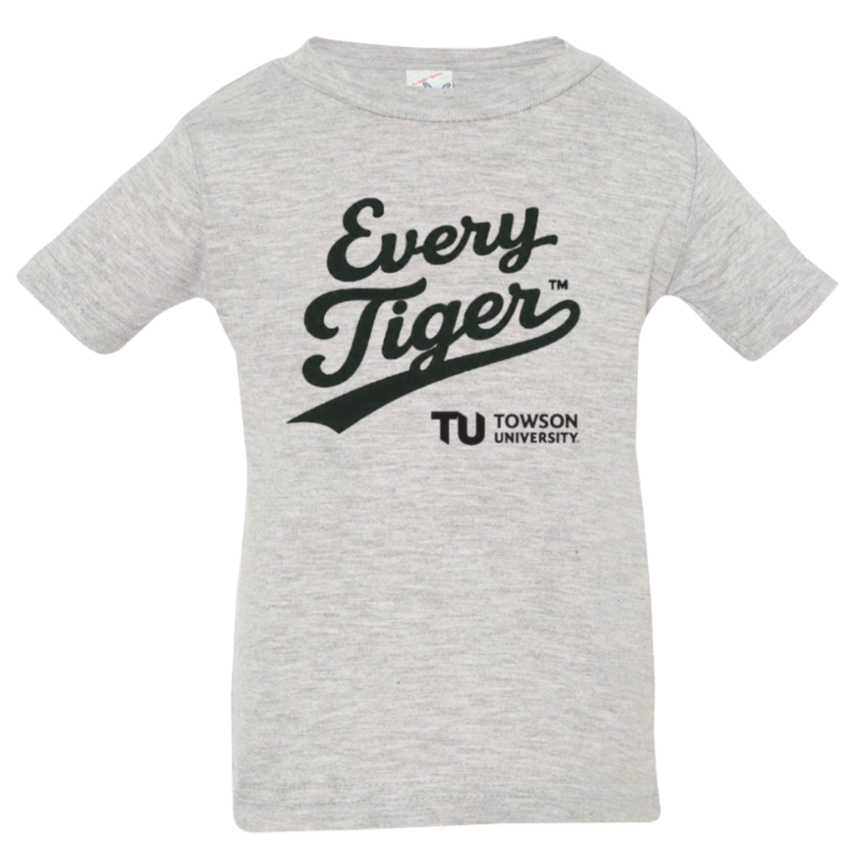 Gray Towson University T-shirt with “Every Tiger” graphic on the front