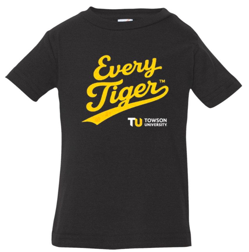 Black T-shirt with yellow “Every Tiger” and Towson University logo text