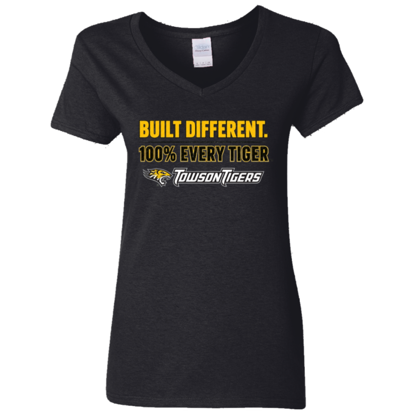 Black V-neck T-shirt with yellow and white “Built Different. 100% Every Tiger” Towson Tigers logo