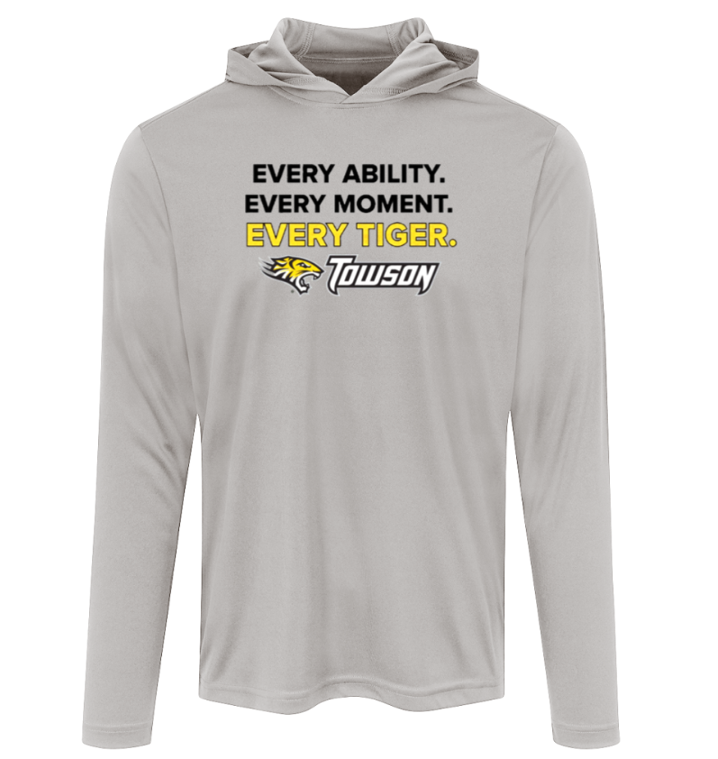 Light gray long-sleeve hoodie with “Every ability. Every moment. Every tiger. Towson” text and tiger logo.