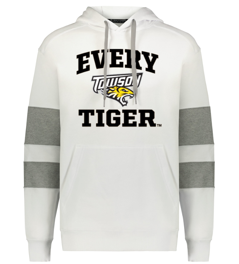 White hoodie with gray sleeve stripes and “EVERY TOWSON TIGER” text and tiger logo on the front