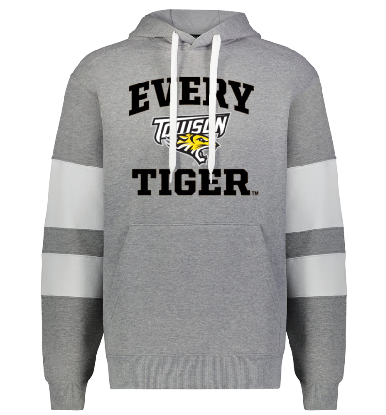 Gray hooded sweatshirt with striped sleeves and the words “Every Tiger” on the front