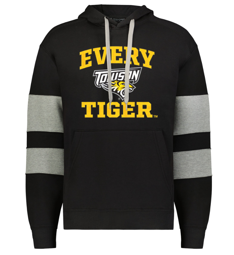 Black hoodie with gray sleeve stripes and yellow “EVERY TIGER” text over a tiger logo.