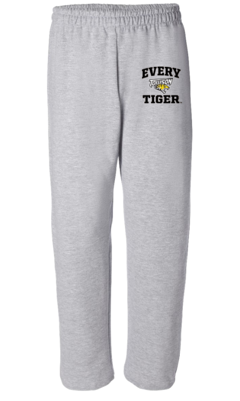 Gray sweatpants with “EVERY TIGER” printed on the left thigh.