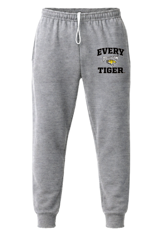 Gray jogger sweatpants with “EVERY TIGER” text and a tiger graphic on the left thigh