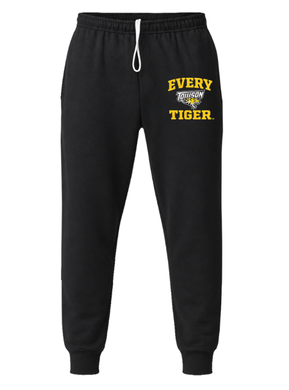 Black jogger sweatpants with “EVERY TIGER.” text and tiger graphic on the left thigh