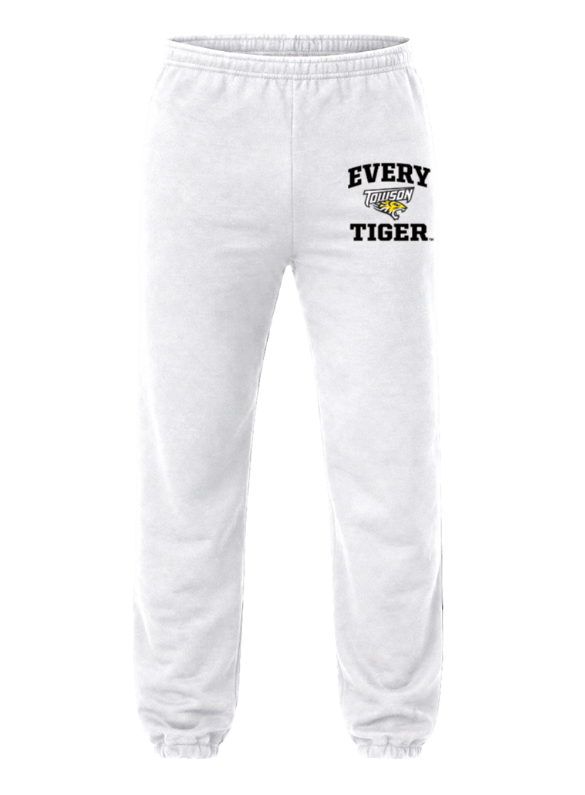 White jogger sweatpants with “EVERY TIGER” text on the left thigh