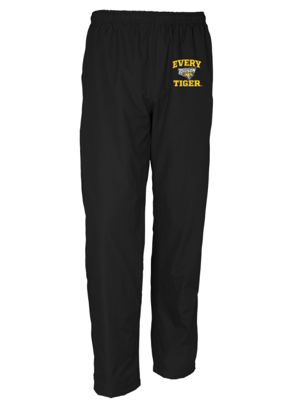 Black sweatpants with a yellow “EVERY TIGER” logo on the left thigh