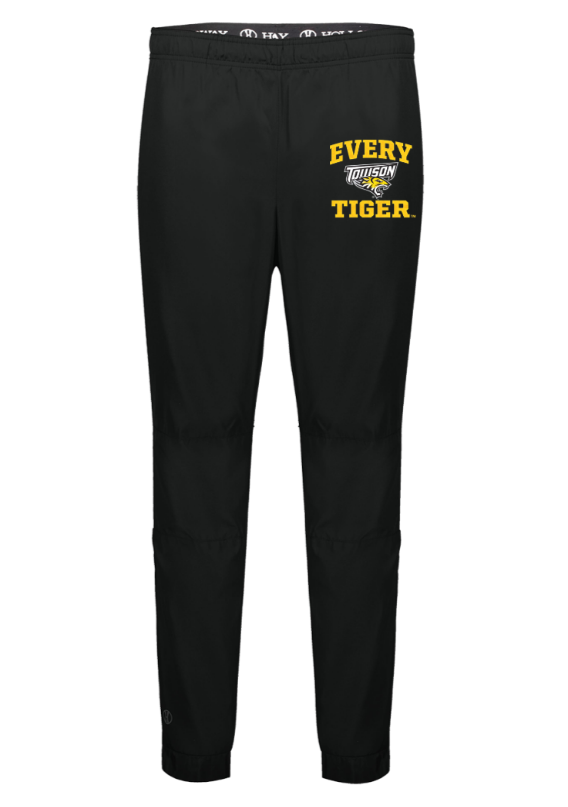 Black jogger pants with "EVERY TIGER" in yellow on the left thigh