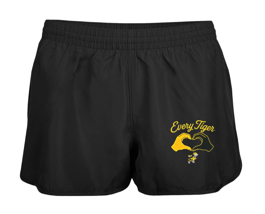 Black athletic shorts with a yellow “Every Tiger” graphic on the left leg