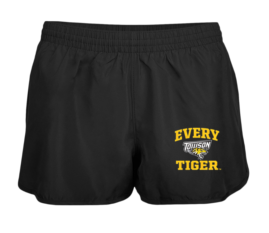 Black athletic shorts with yellow “Every Trojan Tiger” logo on the leg.
