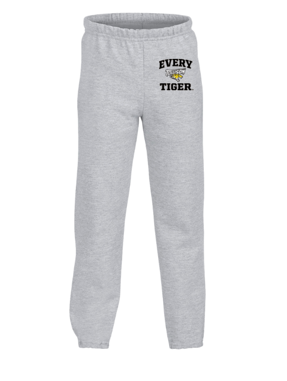 Gray sweatpants with “EVERY TIGER” text on the left hip.