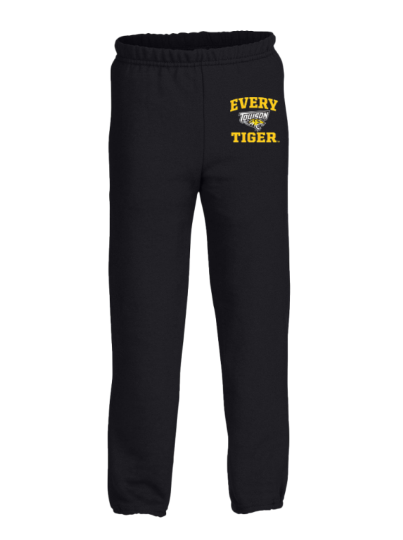 Black sweatpants with yellow "EVERY TIGER" text on the left thigh