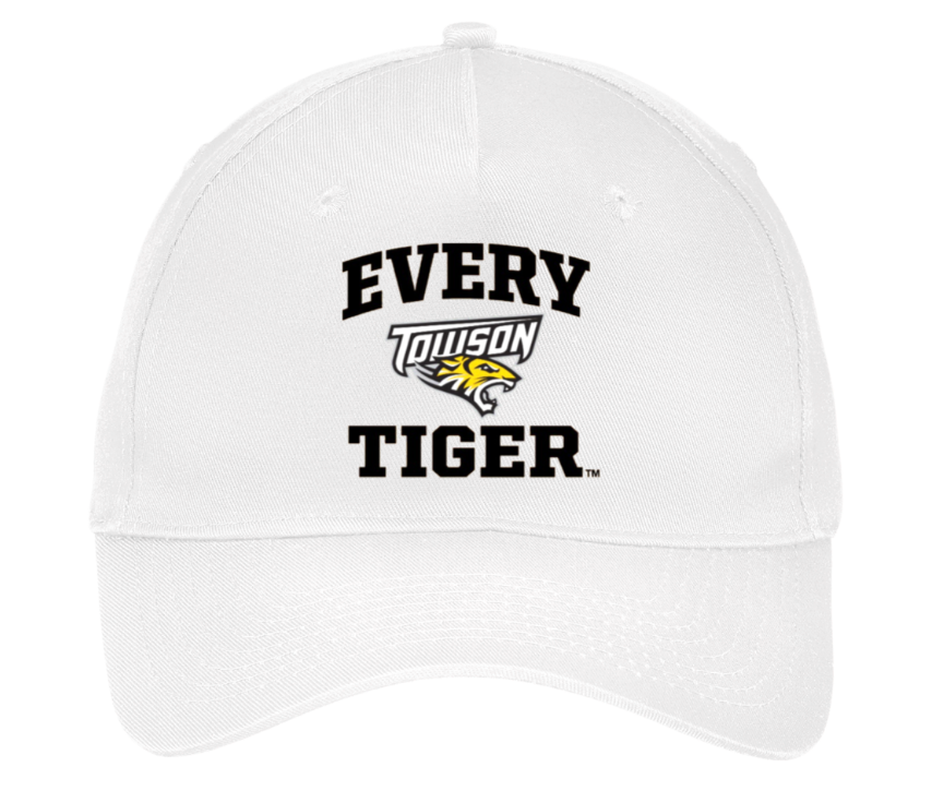 White baseball cap with “EVERY TOWSON TIGER.” text and tiger logo embroidered on the front.