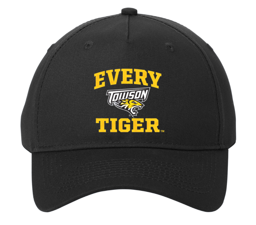 Black Towson Tigers cap with yellow “EVERY TIGER” text on the front