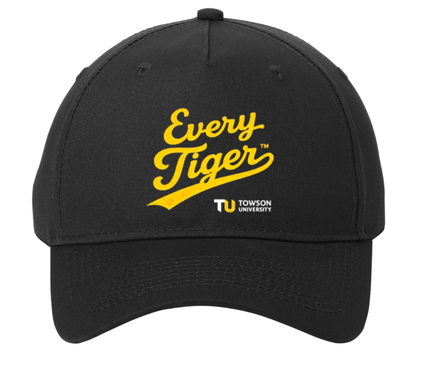 Black Towson Tigers baseball cap with yellow “Every Tiger” text and logo