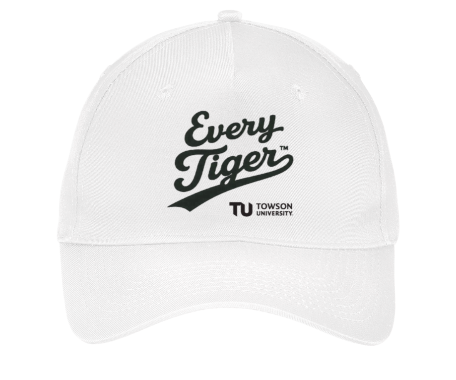 White baseball cap with “Every Tiger” logo and Towson University text on the front