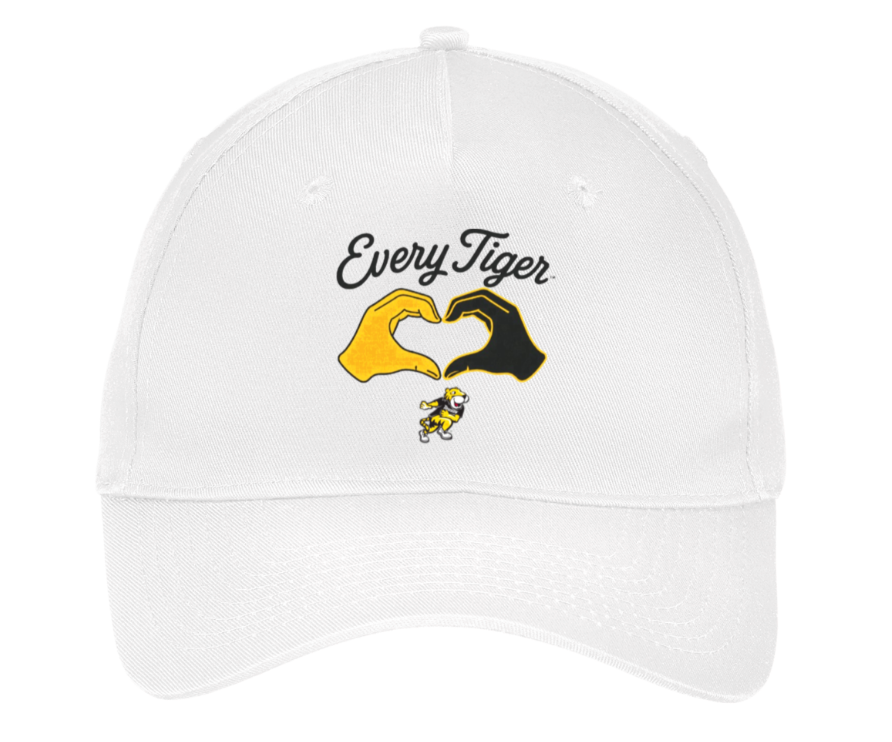 White baseball cap with “Every Tiger” logo in black and yellow on the front