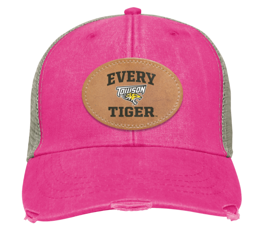 Pink trucker cap with tan patch reading “Every Tiger” on the front