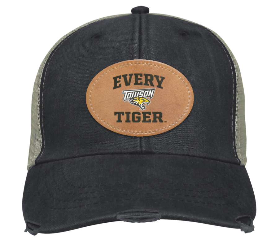 Black baseball cap with tan patch reading “Every Town Has a Tiger”