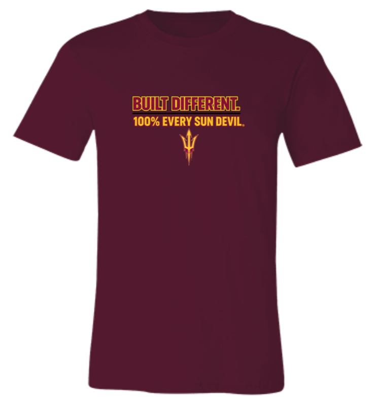 Maroon T-shirt with text “BULL DIFFERENT. 100% EVERY SUN DEVIL.” and a pitchfork logo