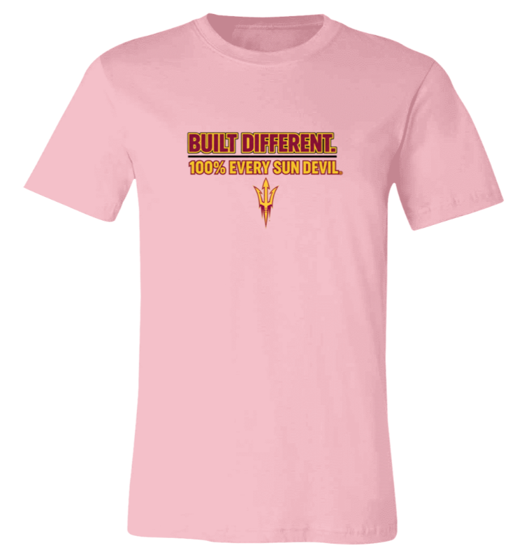 Pink T-shirt with centered bold text graphic on the chest.