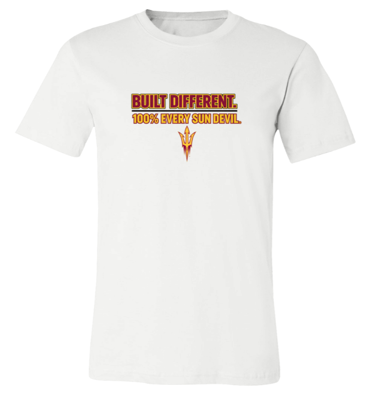 White T-shirt with a small orange and black “Build Different” logo centered on the chest