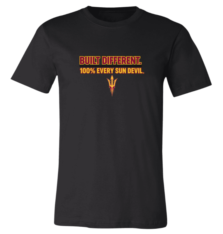 Black T-shirt with orange text reading “BUT DIFFERENT. 100% EVERY SUN DEVIL.”