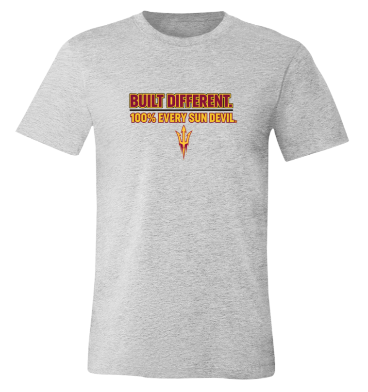 Light gray T-shirt with orange and yellow text reading “BUIT DIFFERENTLY” and “TOOLS EVERY SUN DEVIL” on chest