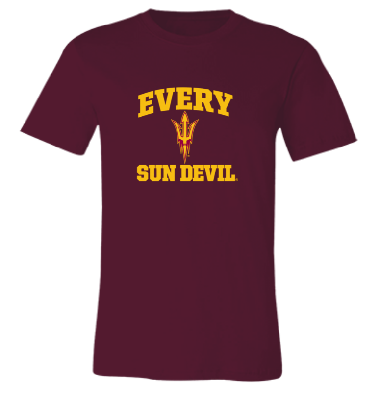 Maroon T-shirt with gold text reading “EVERY SUN DEVIL” and a pitchfork logo