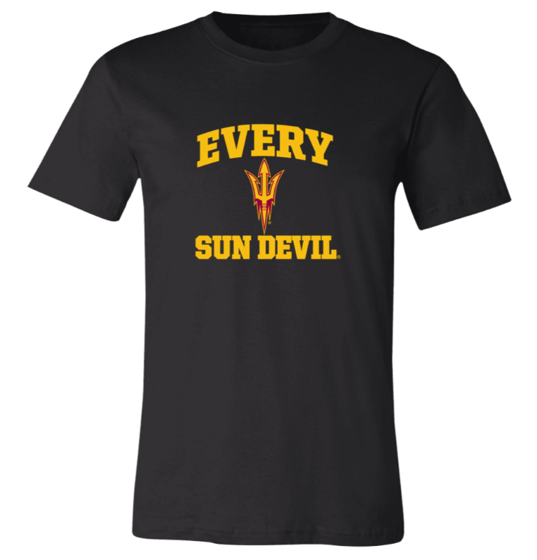 Black T-shirt with yellow “EVERY SUN DEVIL” text and a trident logo on the chest