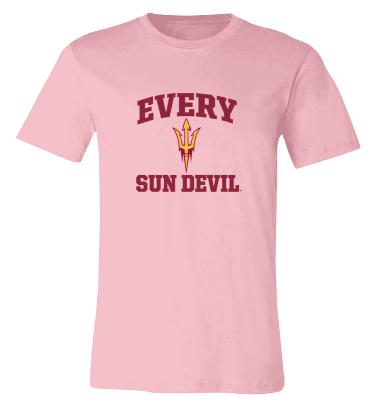 Pink T-shirt with maroon “EVERY SUN DEVIL” text and a pitchfork logo on the chest
