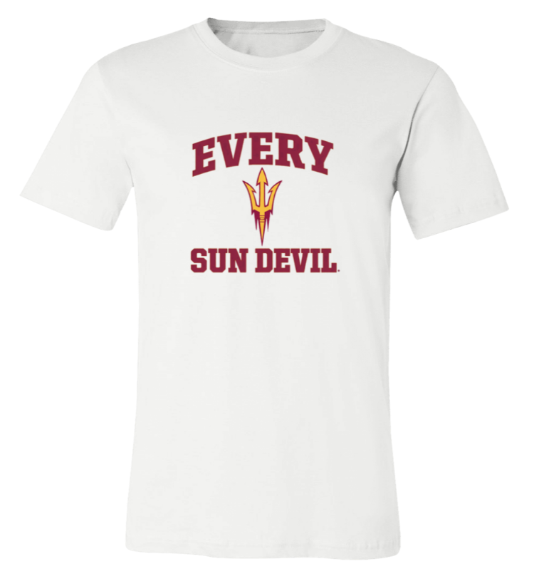 White T-shirt with maroon “EVERY SUN DEVIL” text and a gold trident logo on the chest