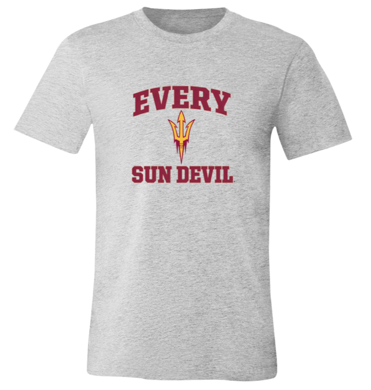 Gray T-shirt with maroon “EVERY SUN DEVIL” text and a yellow trident logo on the chest