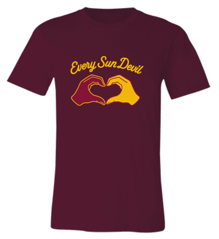 Maroon T-shirt with yellow and orange hand-heart graphic and “Every Sun. Devi” text
