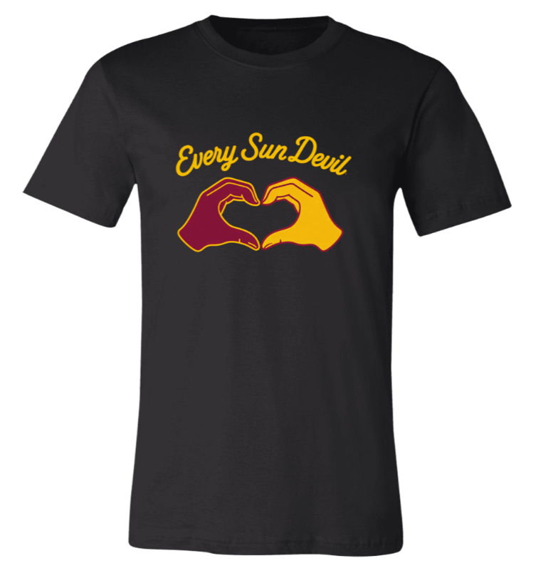 Black T-shirt with “Every Sin Devil” text and two hands forming a heart in red and yellow
