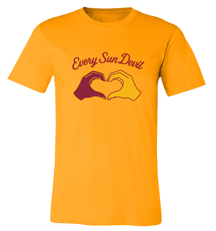 Orange T-shirt with “Every Sun Devil” text and two hands forming a heart logo