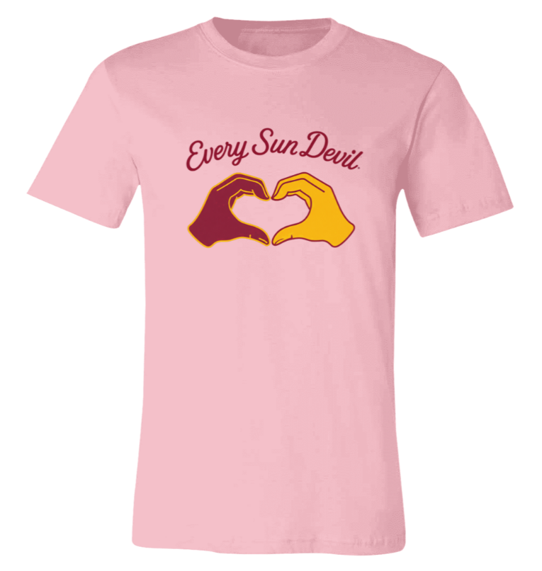 Pink T-shirt with “Every Sun Devil” text and two hands forming a heart shape in maroon and gold.