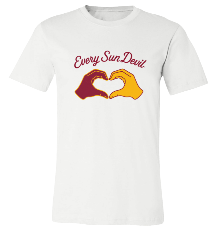 White T-shirt with red “Every Sun Devil” text and two hands forming a heart in maroon and gold