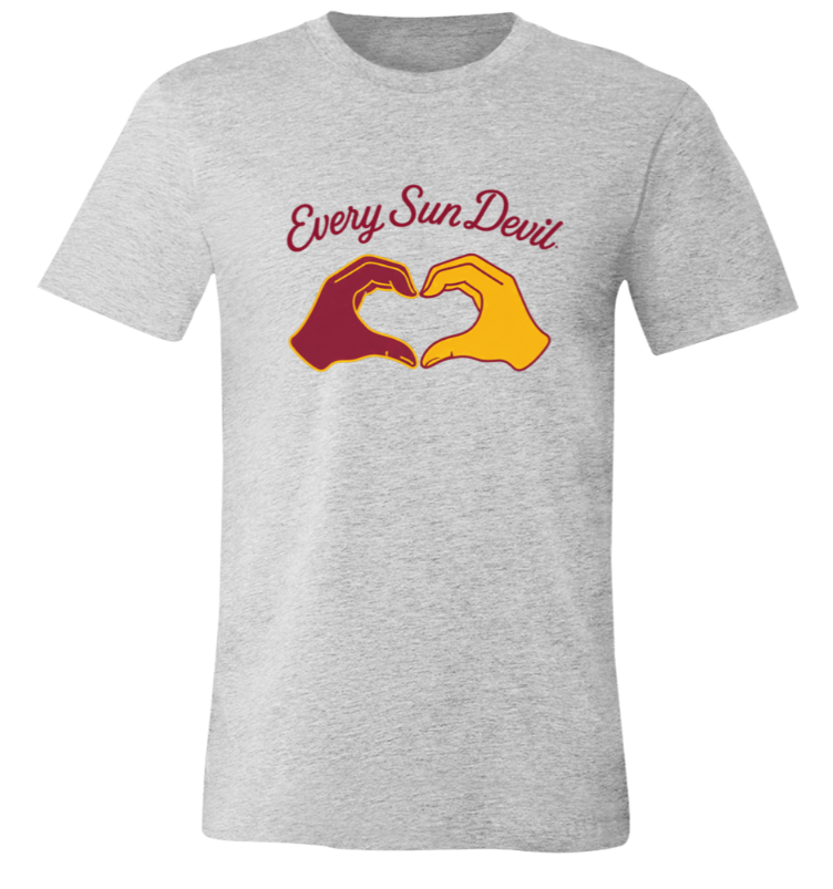 Gray T-shirt with "Every Sun Devil" text and two hands forming a heart in maroon and gold