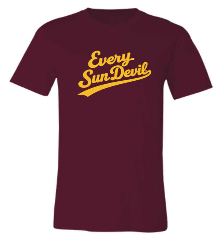 Maroon T-shirt with yellow “Every Sun Devil” text graphic on the chest