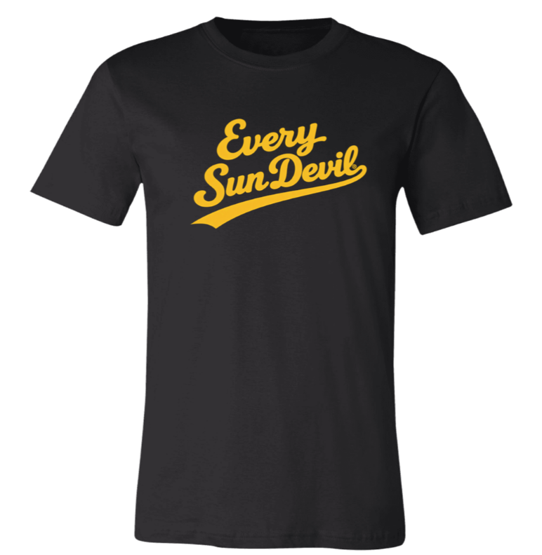 Black T-shirt with yellow “Every Sun Devil” text logo on the chest