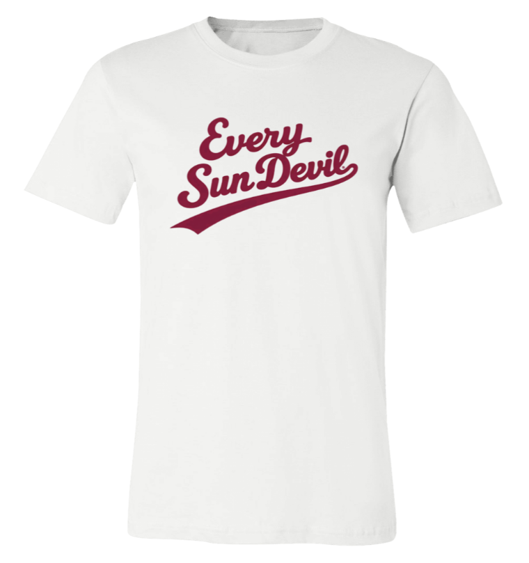 White T-shirt with maroon "Every Sun Devil" script logo on the chest