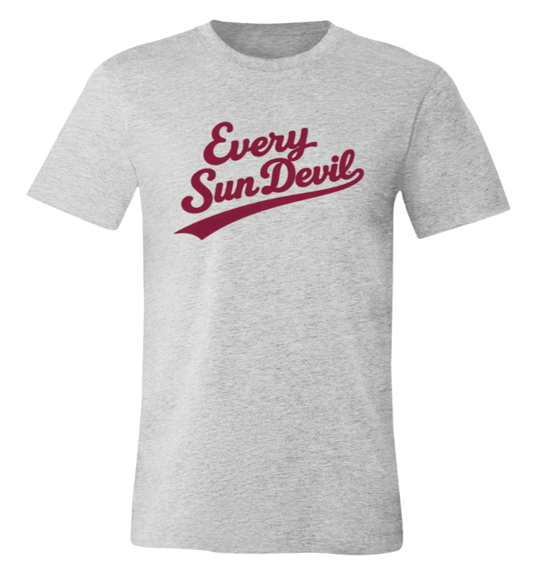 Light gray T-shirt with maroon “Every Sun Devil” text logo on the chest