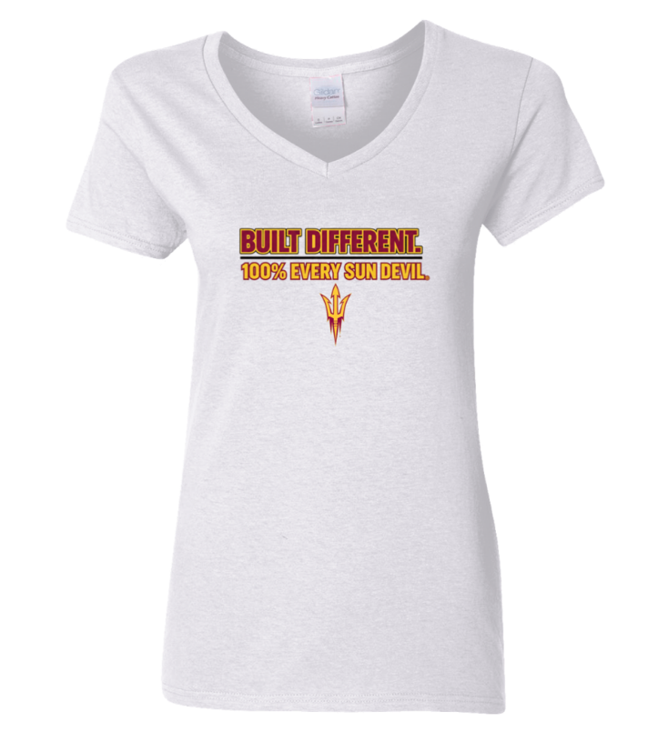 White V-neck T-shirt with orange “BUILT DIFFERENT.” graphic and “THOSE KNEW SHOCKED” text