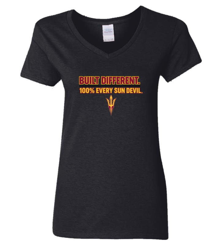 Black V-neck T-shirt with orange “BUILD DIFFERENT. 100% EVERY SUN DEVIL” text and pitchfork logo