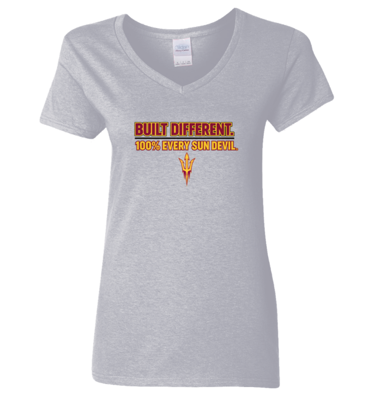Light gray V-neck T-shirt with orange “Built Different. Does Everything.” graphic and emblem on chest