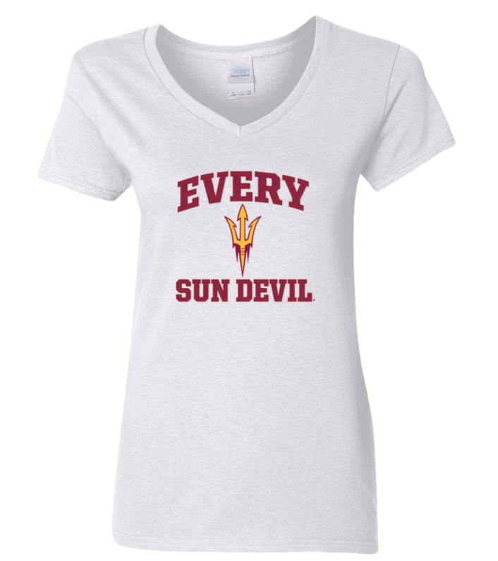 White V-neck T-shirt with maroon “EVERY SUN DEVIL” text and Arizona State trident logo.