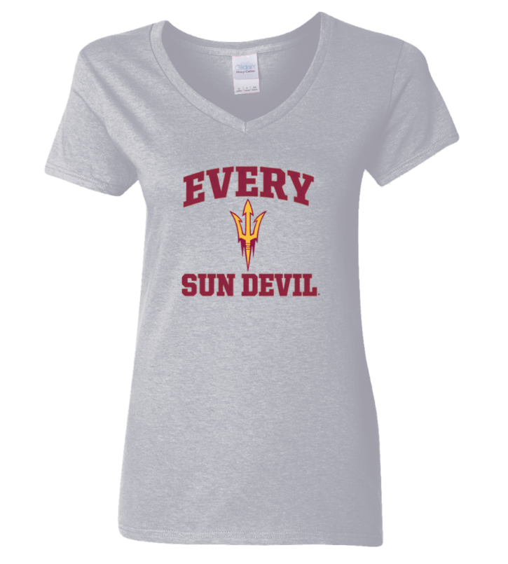 Gray V-neck T-shirt with maroon "Every Sun Devil" text and a gold trident logo centered on the chest